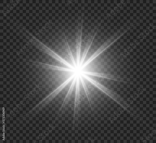 Bright glowing light explodes on a transparent background. Sparkling magic dust particles. Bright Star. Transparent shining sun, bright flash. Vector sparkles. In the center is a bright flash.
