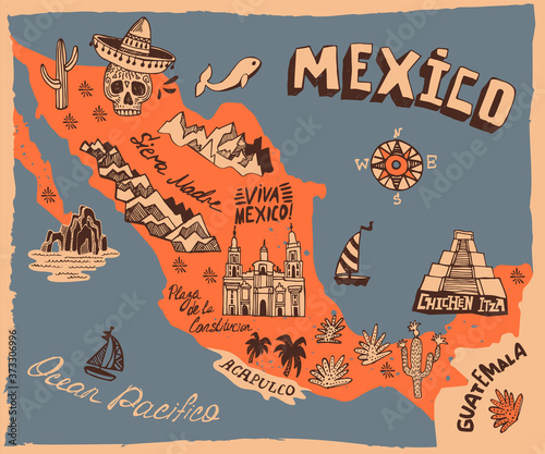 Illustrated map of Mexico. Set of national symbols and elements of architecture and culture