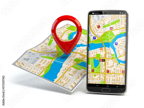 martphone and pin on city map. Mobile GPS navigation travel and touriism concept.