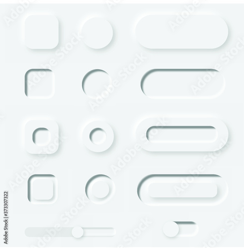 Set of 3D White Buttons. Neomorphism design style. Application and website buttons. 3D Buttons.
