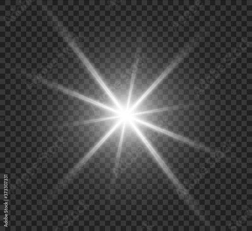 Bright glowing light explodes on a transparent background. Sparkling magic dust particles. Bright Star. Transparent shining sun, bright flash. Vector sparkles. In the center is a bright flash.