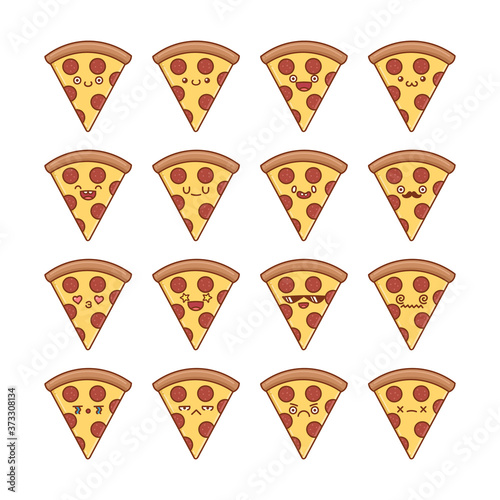set of fun kawaii pepperoni sliced pizza icon cartoons