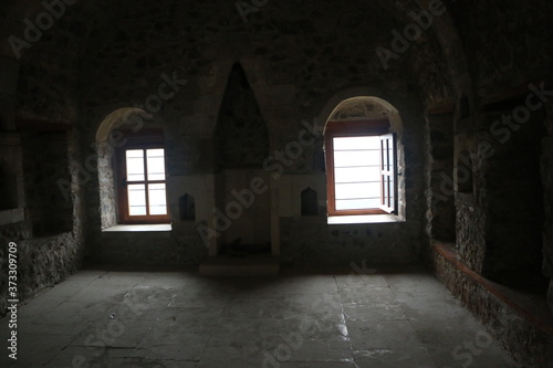 Light shone through the window in the dark room of a room in view from Sumela Monastery  Trabzon  Turkey 