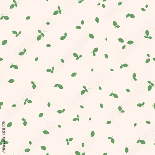 Vector seamless pattern with small scattered green leaves on white backdrop. Simple minimal botanical background. Natural wallpapers. Leaf texture. Ecology and vegetarian theme. Repeatable design
