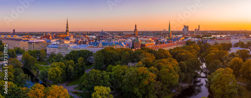 Beautiful aerial panorama of Riga center and Vansu bridge over D