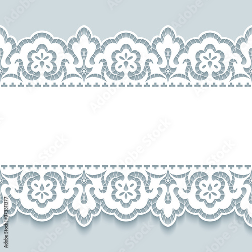Ornamental background with lace border pattern, cutout paper frame, elegant lacy decoration for greeting card or wedding invitation design. Place for text.
