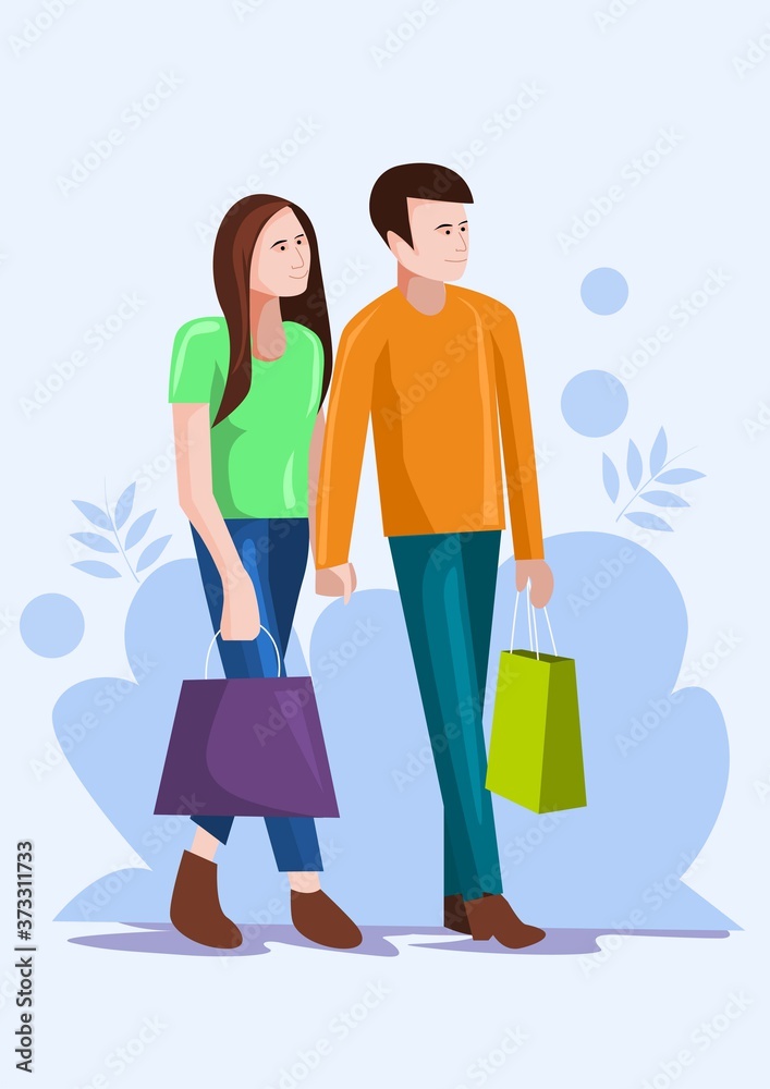 man and woman walking with shopping bag. vector illustration