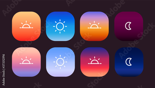 A set of icons for sunrise, sunset, day, and night. Beautiful, rich gradients of the sky. vector illustration on a dark background.