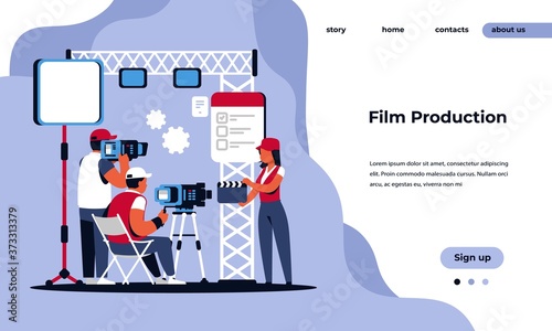 Video production landing page. Movie making studio and shooting film concept with cartoon movie crew characters. Vector illustrated cinema web page infographic