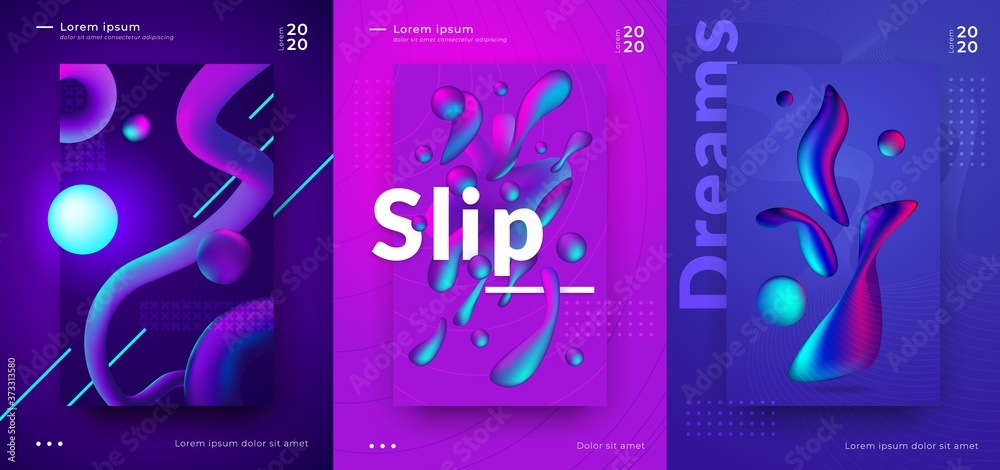 Plakat Gradient poster. Cover design with abstract minimal shapes, bright vibrant colors and 3D geometric objects. Vector abstraction futuristic music banner set with vibrant layout