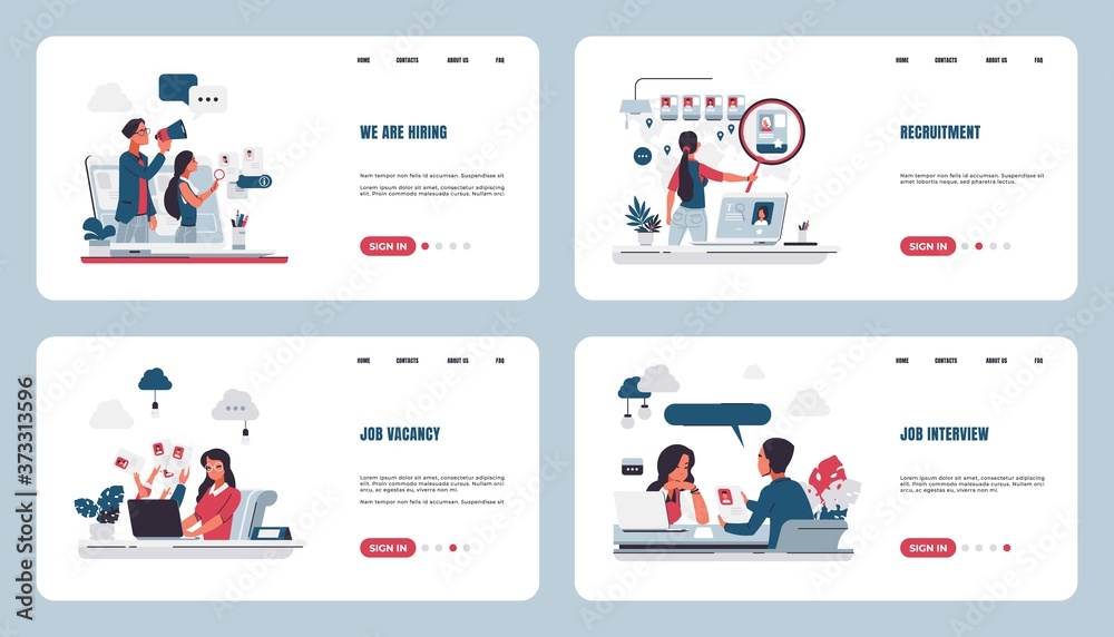 Recruitment landing page. Stuff searching and hiring concept with cartoon characters, human resources and job interview. Vector web page set for talent search