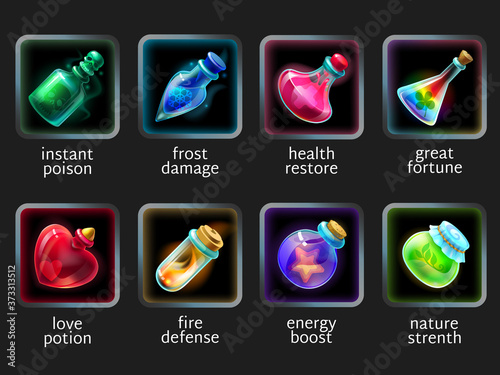 Game potions. Cartoon glass jars of magic elixirs, poison, antidote and love potion, fantasy game alchemist UI elements. Vector set illustration of phials and vials for design games