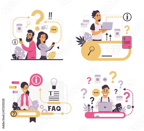 FAQ concept. Customer support and forum question metaphor, helpful information and online communication. Vector illustrations questions and answers set for support center photo