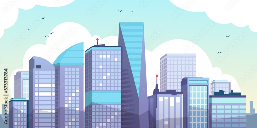 Cartoon morning city. Urban landscape with skyscrapers, clouds and birds, flat urban property illustration. Vector illustration panorama modern cityscape