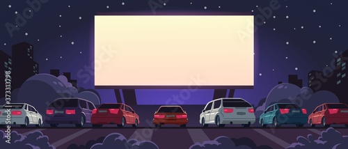 Drive-in cinema. Open space auto theater with cartoon glowing white screen and car parking, outdoor movie at night. Vector illustration automobile outdoor parking