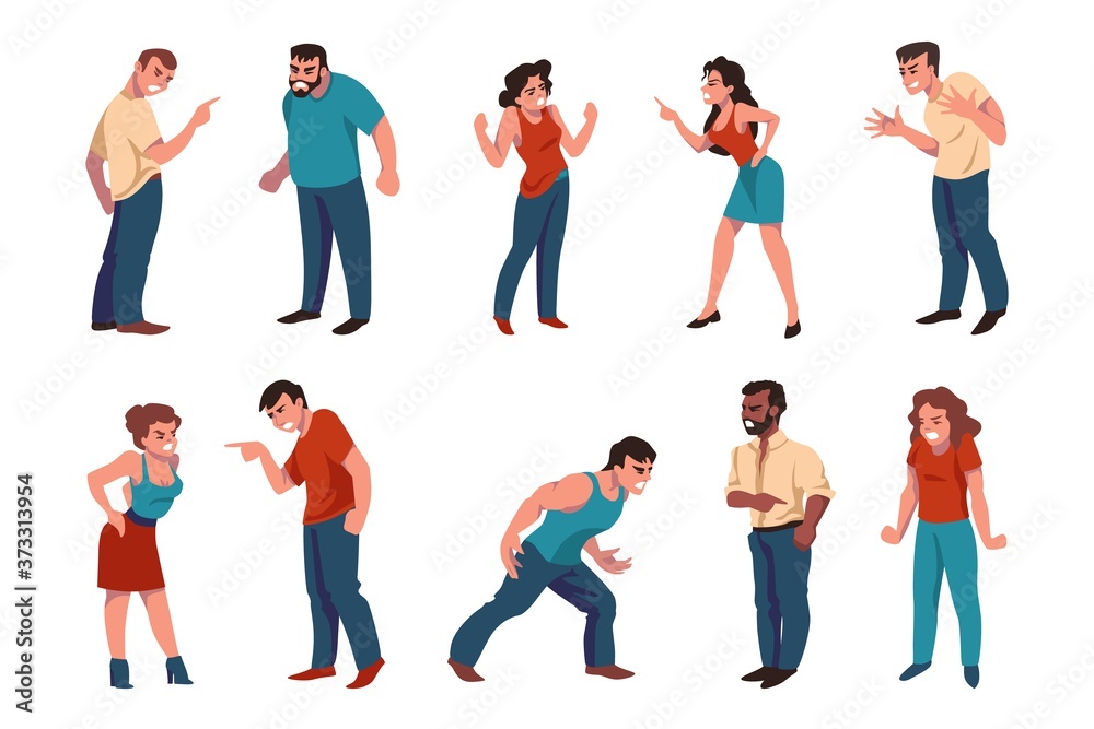 Angry people. Aggressive men and women argue and emotionally dispute, cartoon characters fighting about business or divorce. Vector set illustrations of conflict scenes crier graphic person