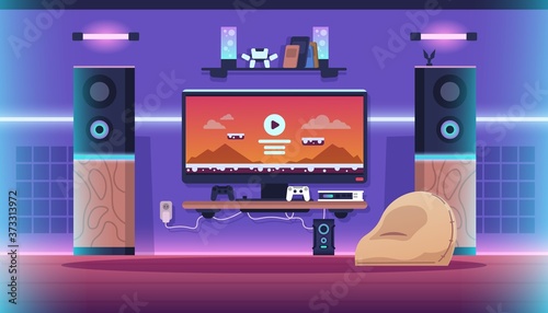 Game room. Cartoon interior of childrens room with big screen, video game, neon lights and cozy furniture. Vector illustration game streaming concept