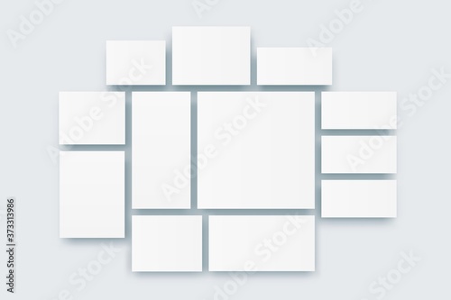 Realistic moodboard. Cardboard photo mosaic with arranged frames, branding presentation layout. Vector minimalist album page template for interior collages or image gallery