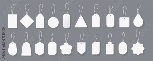 White tags. Price labels mockup with realistic shadows and threads, blank round and square tags for luggage and gift cards. Vector isolated set different label with string