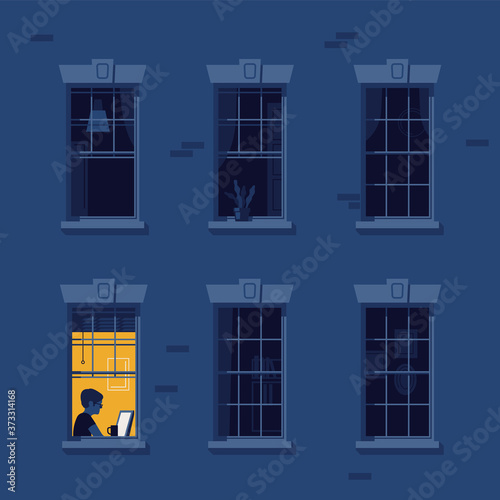 Night owl person flat vector illustration. Man working at home during the night while rest of neighbours are asleep. Night black out windows with lonely lit up window in the corner. Workaholic concept