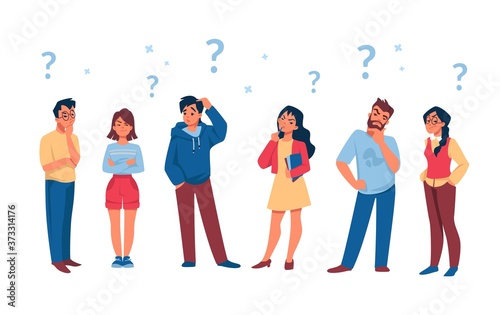 Asking people. Cartoon curious persons with question marks solve problem and thinking. Vector illustration diverse thoughtful male and female characters with searching answer to questions