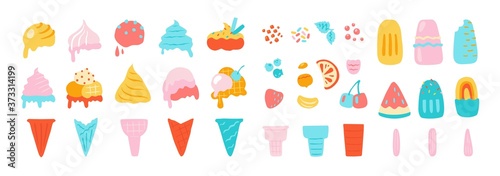 Ice cream elements. Waffle cons with sundae, chocolate vanilla and other ice cream balls, nuts strawberry and mint flavors. Vector isolated illustration set on white background
