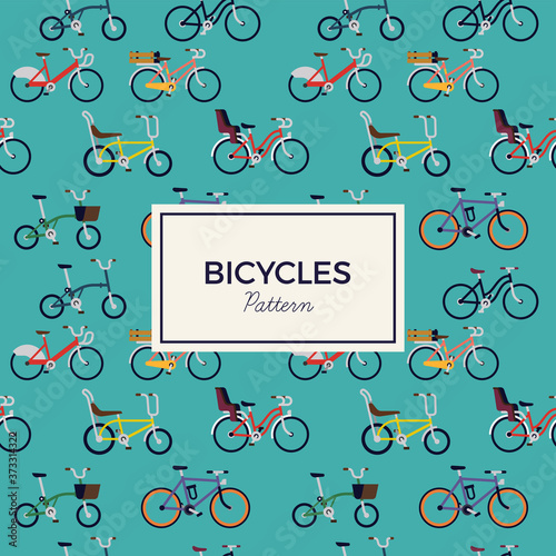 Lovely colourful urban bicycles vector flat seamless pattern. Ideal for wrapping paper printables, website background, wallpaper and fabric design. Title badge on separate layer
