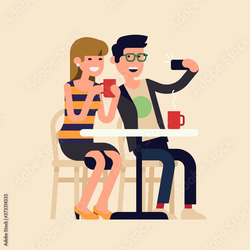 Cheerful couple doing selfie in a cafe. Flat vector illustration of two friends meeting in cafe, making photo together with a smartphone