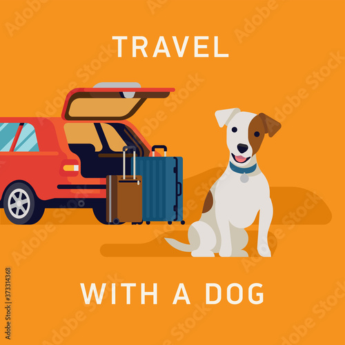 Travel with a dog concept vector illustration with medium sized dog jack russell terrier sitting in front of suitcases and open car trunk. Travelling with pets by car flat design image