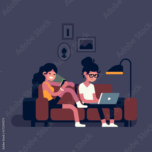 Couple using their mobile devices whilst sitting on couch, flat design vector illustration. Cheerful adult young women  using home Wi Fi access enjoying media content and social network