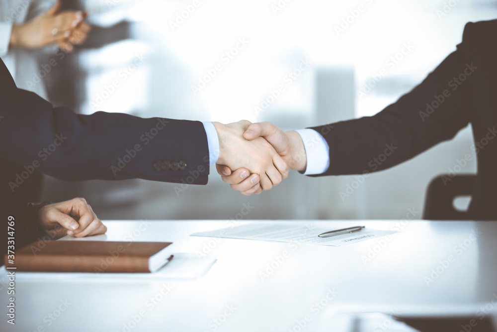 Business people shaking hands at meeting or negotiation, close-up. Group of unknown businessmen, and a woman on the background in a modern office. Teamwork, partnership and handshake concept Business people shaking hands at meeting or negotiation, close-up. Group of unknown businessmen, and a woman on the background in a modern office. Teamwork, partnership and handshake concept
