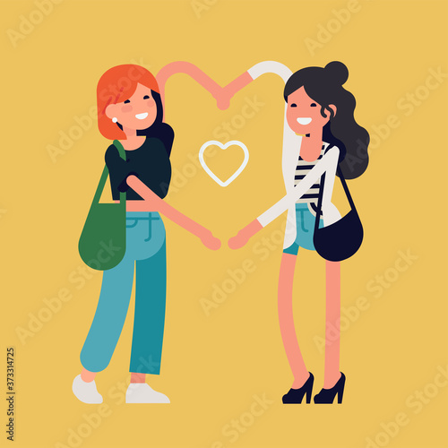 Best friends girls make heart shape with their arms, flat design vector illustration. Trendy concept on friendship with two adult female characters standing together