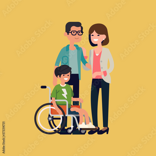 Cheerful family with disabled child in a wheelchair flat design vector illustration. Character design on parents and their limited abilities son together smiling