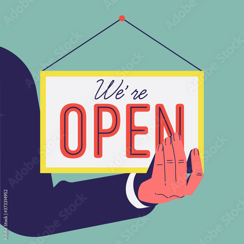 Abstract hand just turned We are Open Sign. Retail or service based business start up concept vector illustration