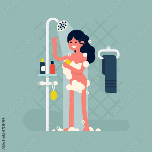Confident adult female character covered in soap foam having a shower in bathroom vector flat design illustration. Young adult woman taking quick shower in bathroom