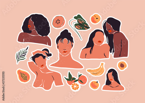 Diverse women character portraits with tropical summer nature decoration, fruit, organic shapes. Abstract art style illustration bundle for female beauty, feminist design or fashion concept.