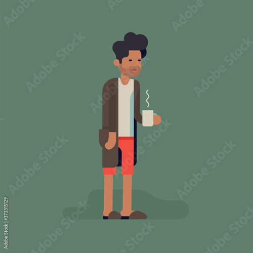 Sleepy grumpy man in underwear, slippers and bathrobe standing with cup of hot black coffee isolated. Funny vector concept illustration on Monday mornings