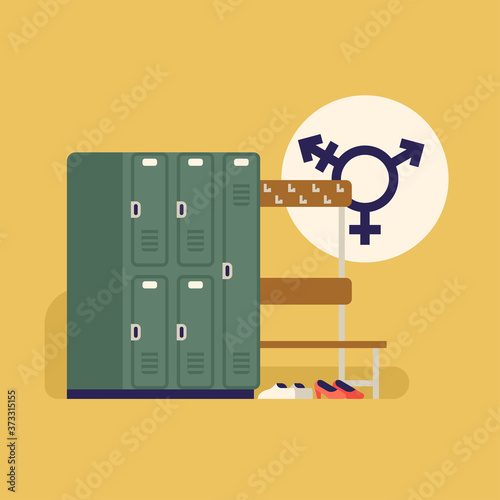 Gender-neutral locker room concept vector illustration. Inclusive gym dressing room  with lockers, bench and gender neutrality symbol