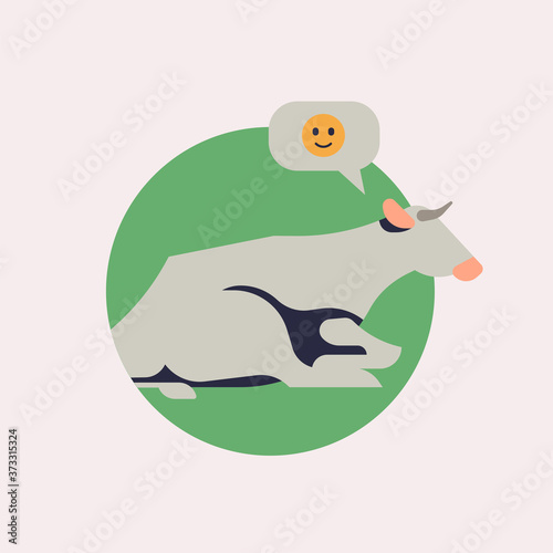 Farm animal welfare concept illustration with resting dairy cow with thought bubble and happy smiley face in it