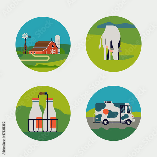 Set of dairy milk farm round shaped vector icons or stickers with rural farm landscape, milk cow eating grass, milk bottles and delivery truck
