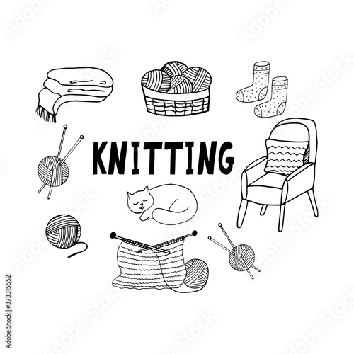 knitting set hand drawn doodle. collection elements design icon sticker poster card. vector scandinavian, hygge, monochrome. balls of wool and knitting needles hobby cozy home armchair cat socks plaid