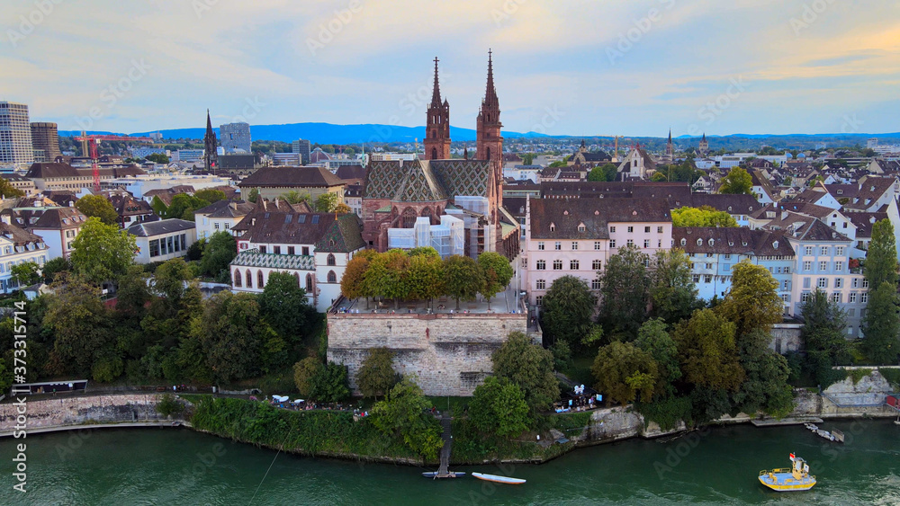 Flight over the city of Basel and River Rhine in Switzerland - travel photography