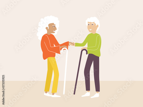 A happy elderly couple together with a cane