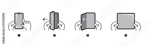 Smart Phone Tablet with Foldable Screen. Step by step folding unfolding manual instructions. Vector Isolated.
