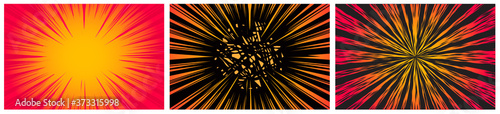 Set of 3 Hyper Speed Warp Sun Rays or Explosions. Boom for Comic Books. Radial Background. Vector.