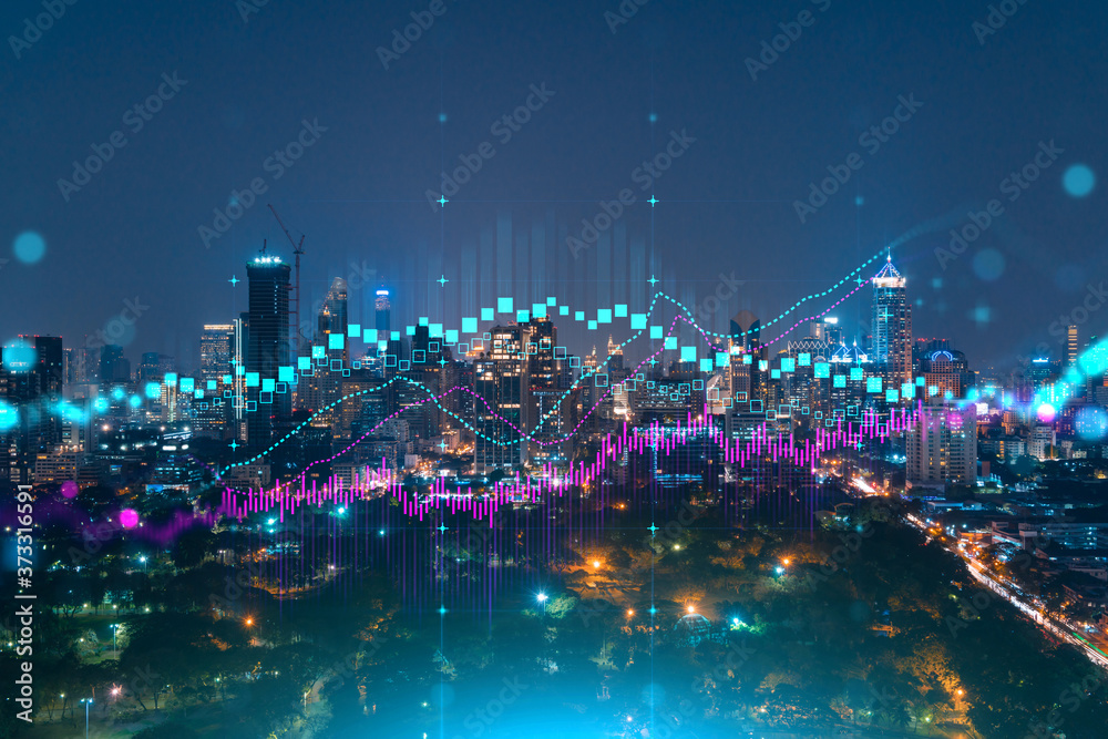 FOREX graph hologram, aerial night panoramic cityscape of Bangkok, the developed location for stock market researchers in Asia. The concept of fundamental analysis. Double exposure. FOREX graph hologram, aerial night panoramic cityscape of Bangkok, the developed location for stock market researchers in Asia. The concept of fundamental analysis. Double exposure.