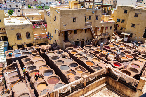 Fez, Morocco - June 25, 2019: Traditional leather tanneries in the medina of Fez, Morocco, Africa.