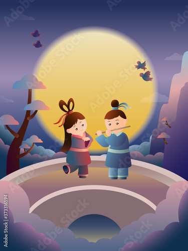 China chic illustration of MILKY WAY LOVERS, lovers dating on the bridge in the fairyland from the Chinese folklore. Weaving Maid and Cowherd meet on qi xi, the Chinese Valentine's Day. 