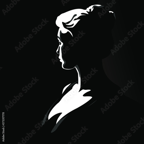 Female white silhouette on a black background. Profile of a girl on black. Vector graphics.