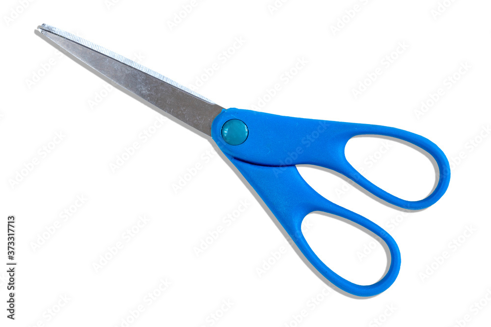 Pair of blue handle scissors isolated on white Pair of blue handle scissors isolated on white